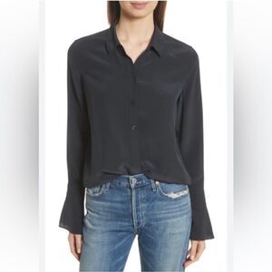 Equipment L Midnight Blue Daphne Bell Cuff Silk Button Down Long Sleeve Shirt